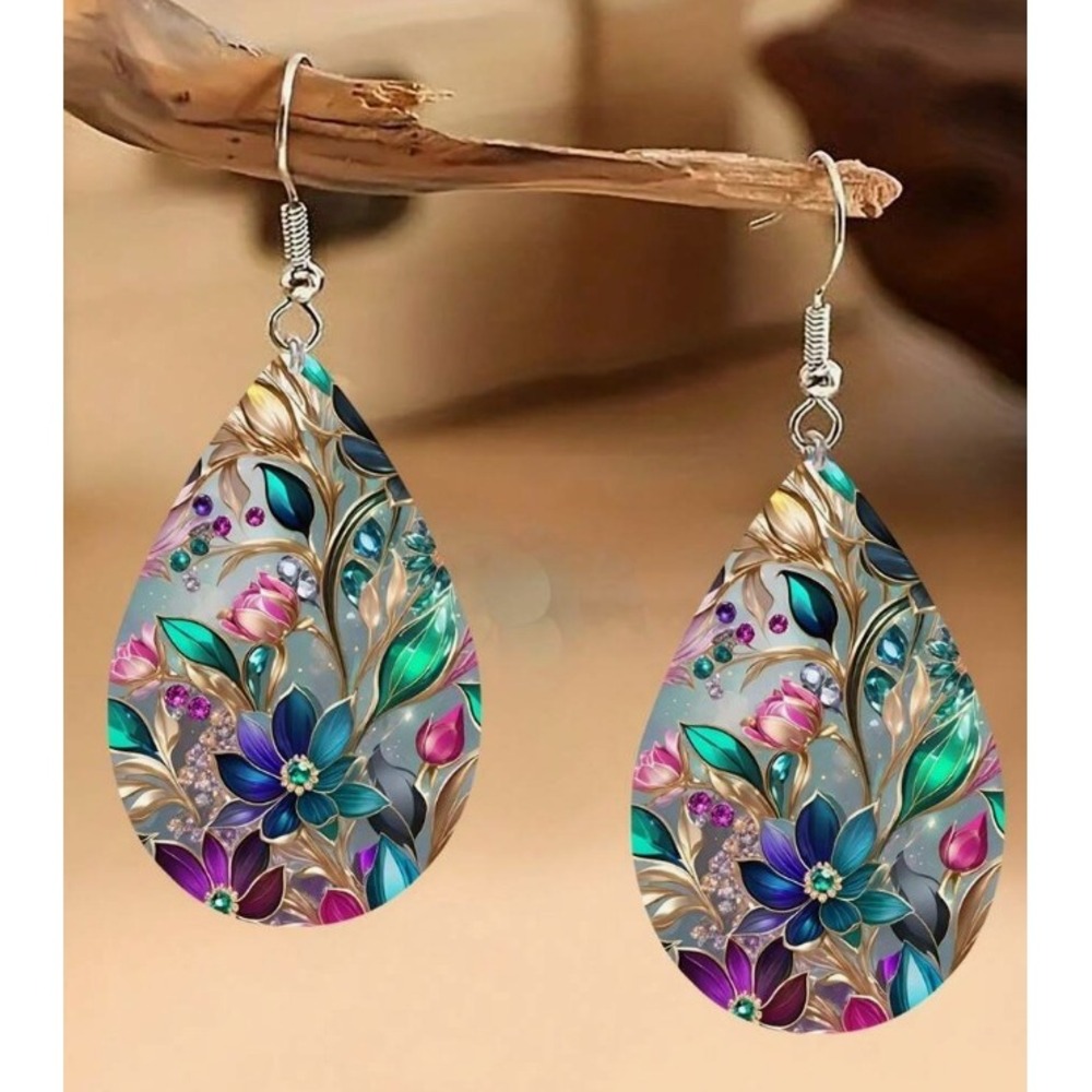 Floral Teardrop Dangle Earrings Multi Color Botanical Silver Tone Hook New